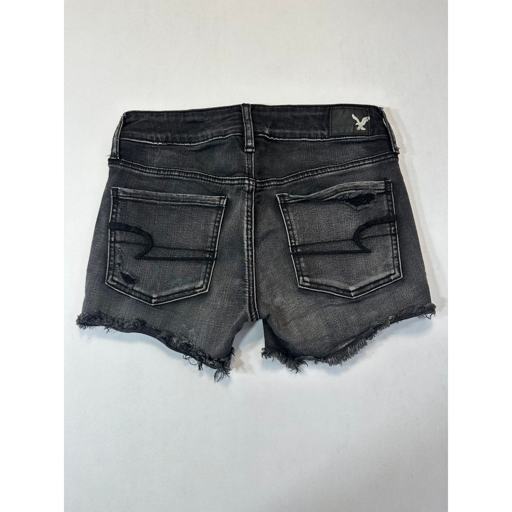 American Eagle Super Stretch Distressed Black Denim Shorts Womens Size 4 Frayed - Picture 2 of 14